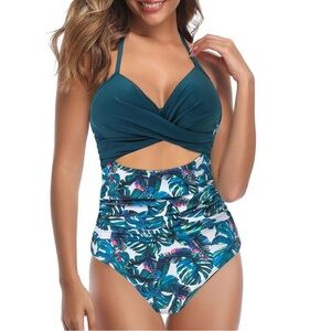 Women's V Neck One‎ Piece Navy Green Swimsuit Monokini NWOT Size M